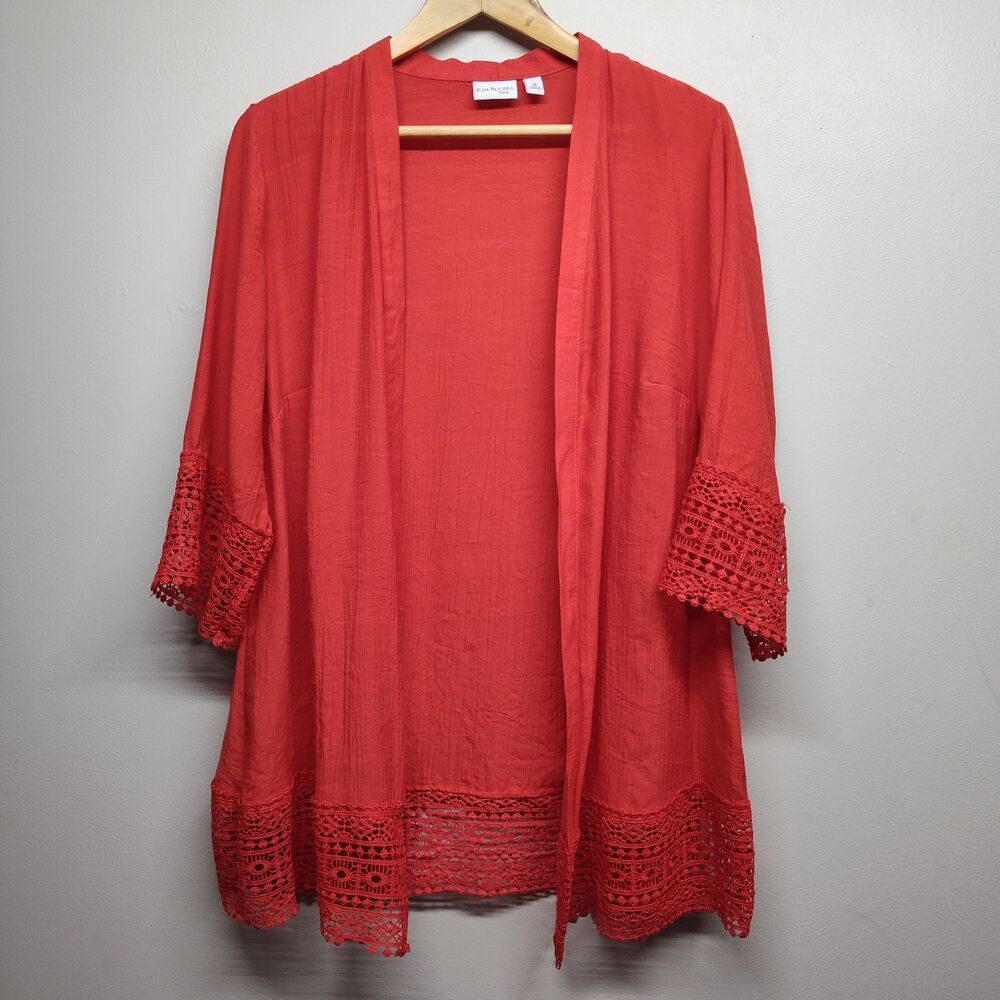 Kim Rogers Kimono Top Women Size 1X Orange Open 3/4 Sleeve Bohemian Casual